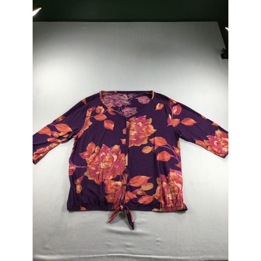 Cottagecore Sonoma PXL Blouson Purple Floral Button Front Tie Hem Boho Top Vneck